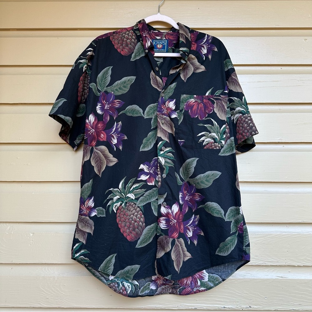 Ralph Lauren Chaps Cotton Black Floral Men's Shirt Short Sleeve Size Large